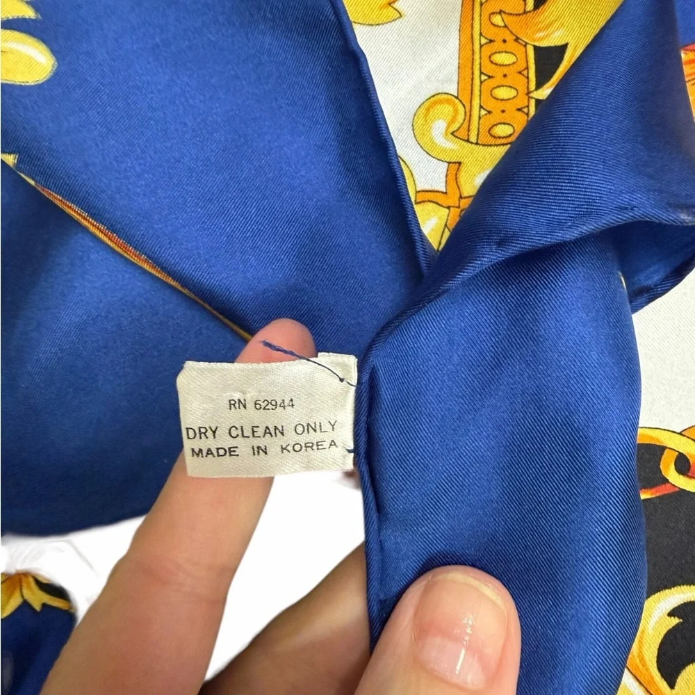 Bill Blass Vintage 100% Silk Scarf Blue Gold Baroque Chain Print - Picture 5 of 5